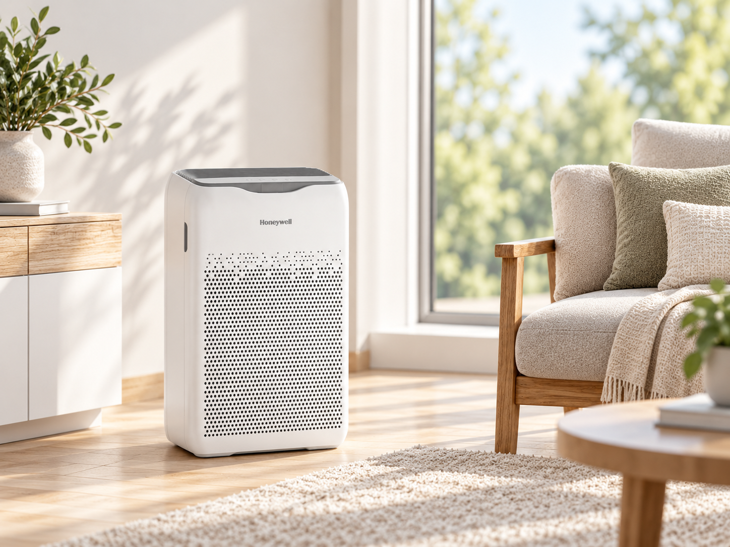 Honeywell air purifier in a calm living room